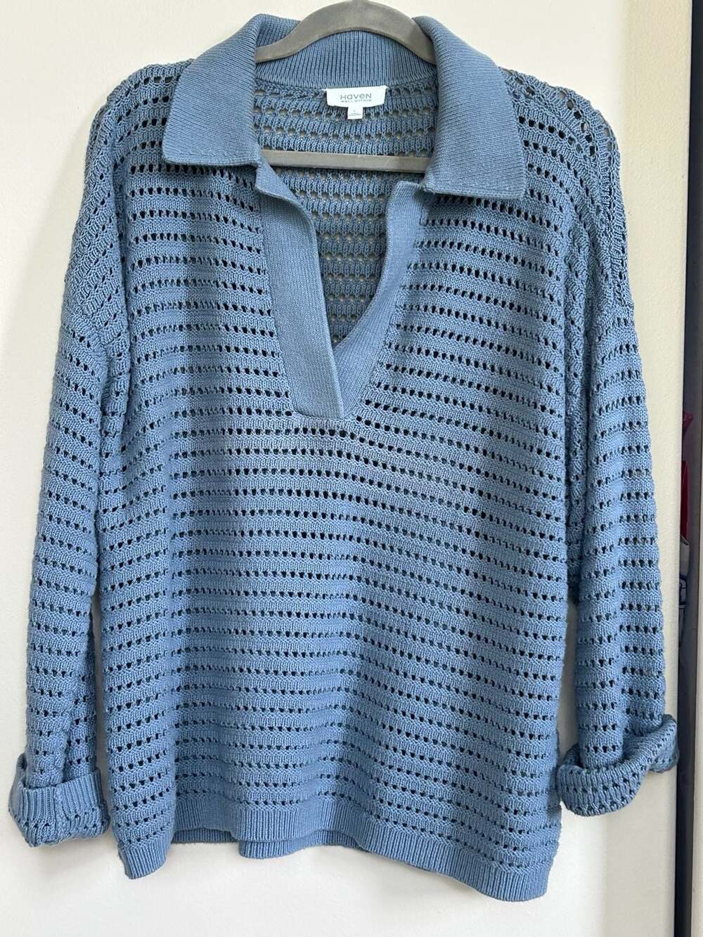 Haven Well Within Blue Open Knit Polo Sweater